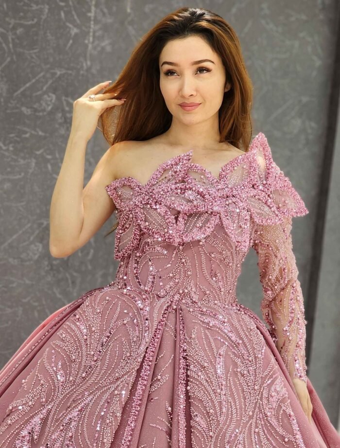 Pink sparkly beaded tulle corset one shoulder Quinceanera dress