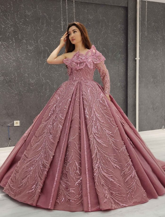 Pink sparkly beaded tulle corset one shoulder Quinceanera dress - Image 2