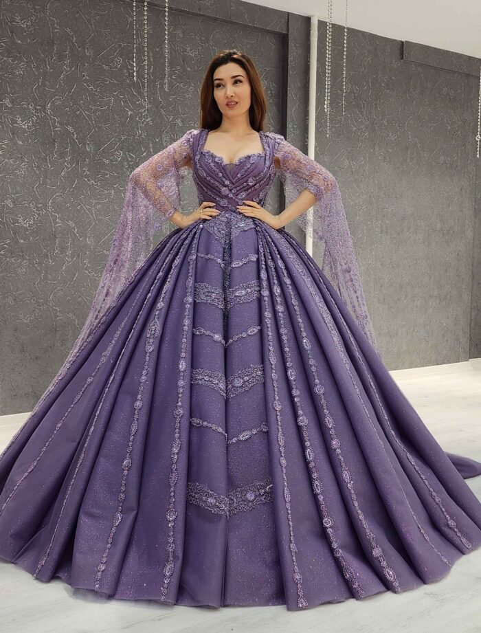lilac Sleeveless Cape sparkly beaded tulle corset one shoulder Quinceanera dress - Image 2