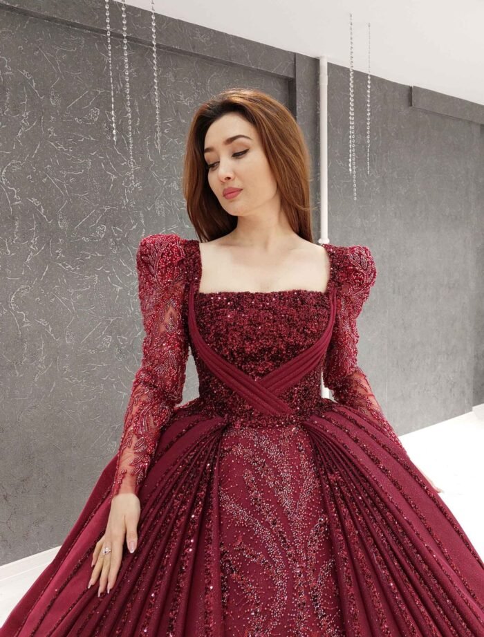 wine strapless puff sleevesparkly beaded tulle corset one shoulder Quinceanera dress
