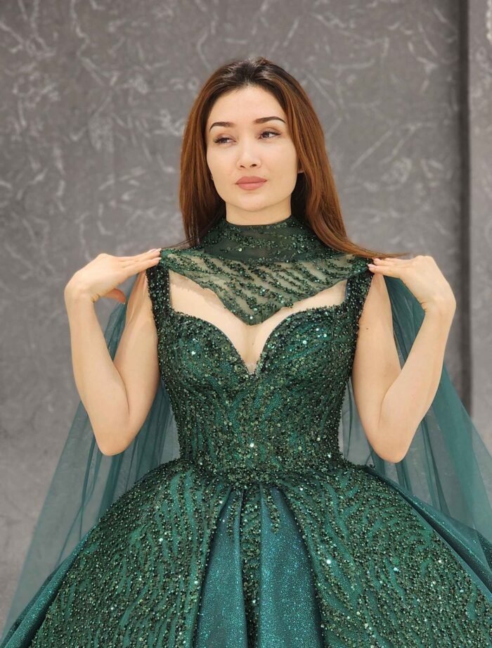 emerald green sparkly beaded tulle corset one shoulder Quinceanera dress 075