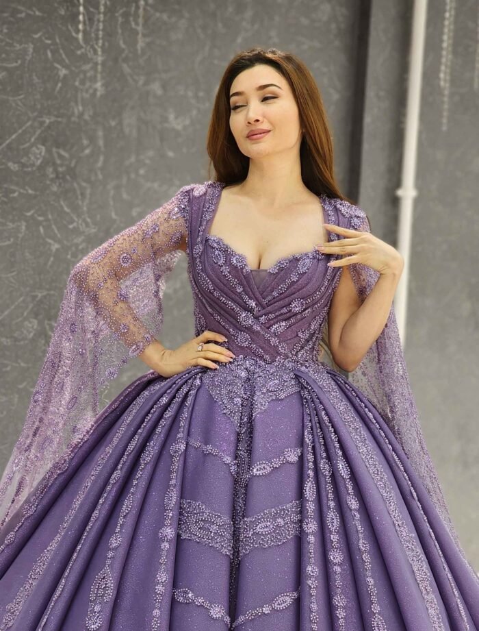 lilac Sleeveless Cape sparkly beaded tulle corset one shoulder Quinceanera dress