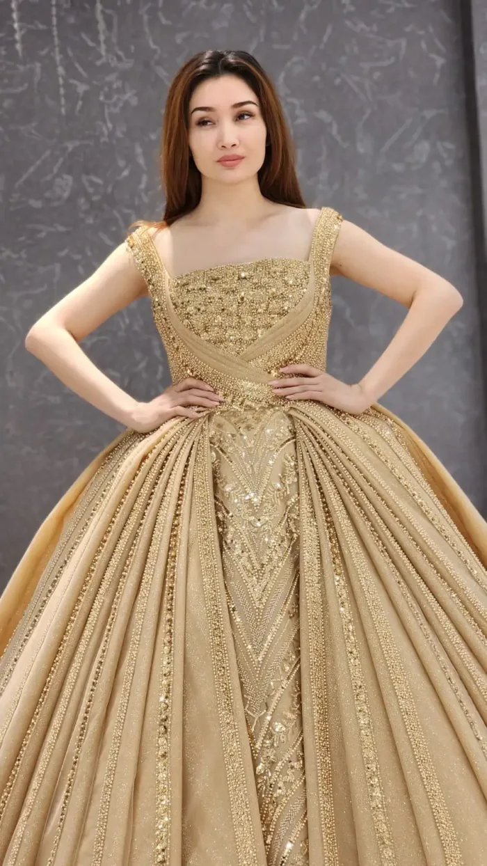 gold sleeveless sparkly beaded tulle corset one shoulder Quinceanera dress
