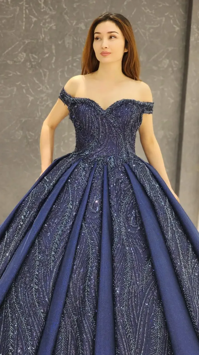 navy sparkly beaded tulle corset one shoulder Quinceanera dress