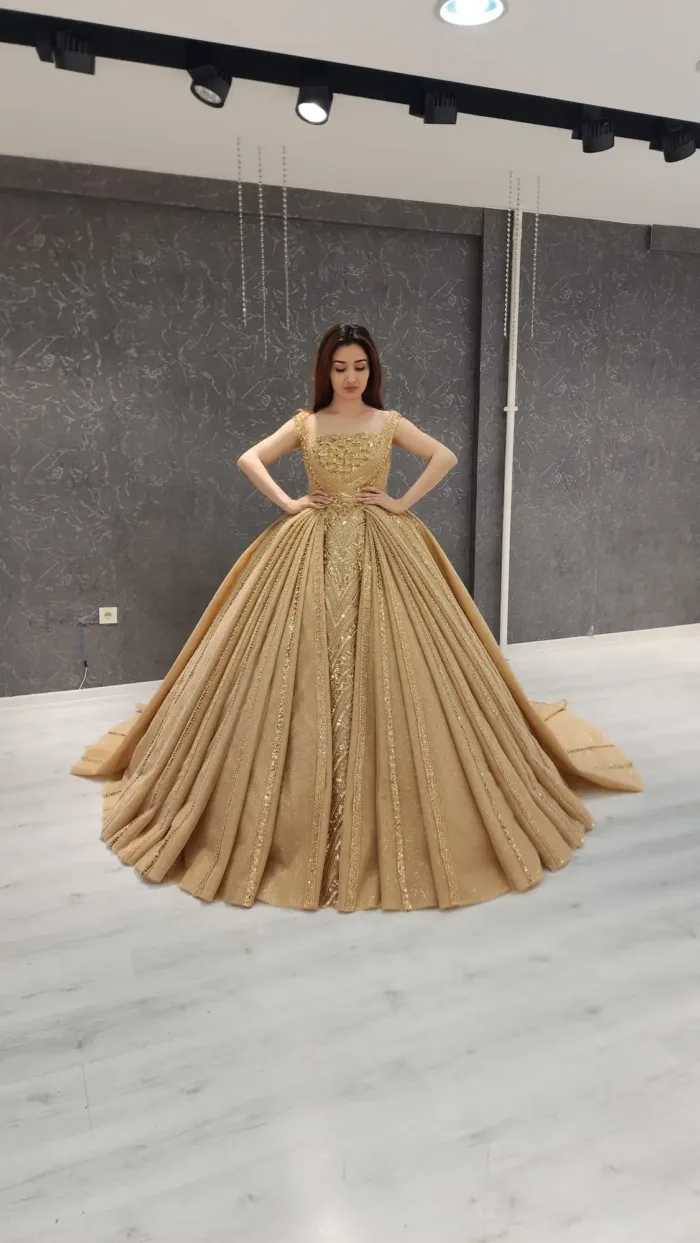 gold sleeveless sparkly beaded tulle corset one shoulder Quinceanera dress - Image 2