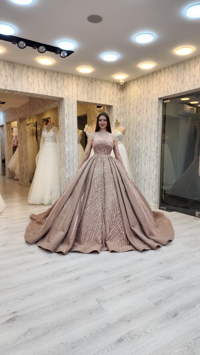 sand parkly beaded tulle Quinceanera dress072 - Image 2