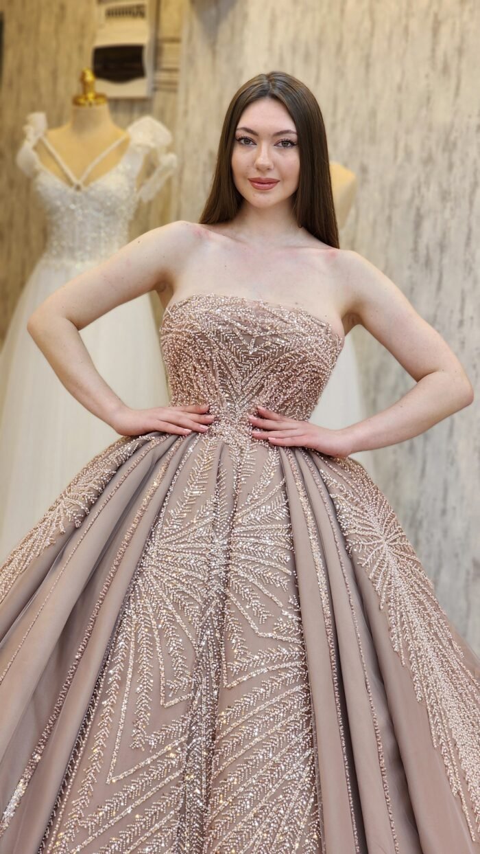 sand parkly beaded tulle Quinceanera dress072