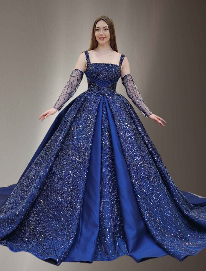 navy blueparkly beaded tulle Quinceanera dress065 - Image 2