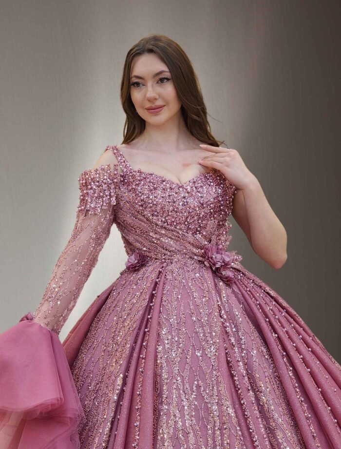 sparkly beaded tulle corset one shoulder Quinceanera dress