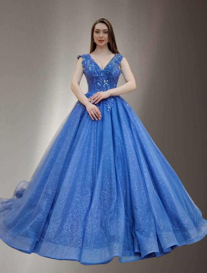 navy blueparkly beaded tulle Quinceanera dress069 - Image 2