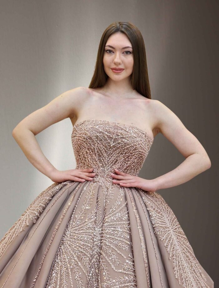 sand parkly beaded tulle Quinceanera dress072