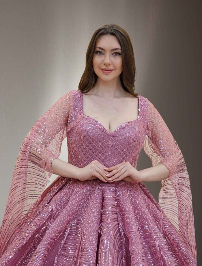 pink parkly beaded tulle Quinceanera dress064