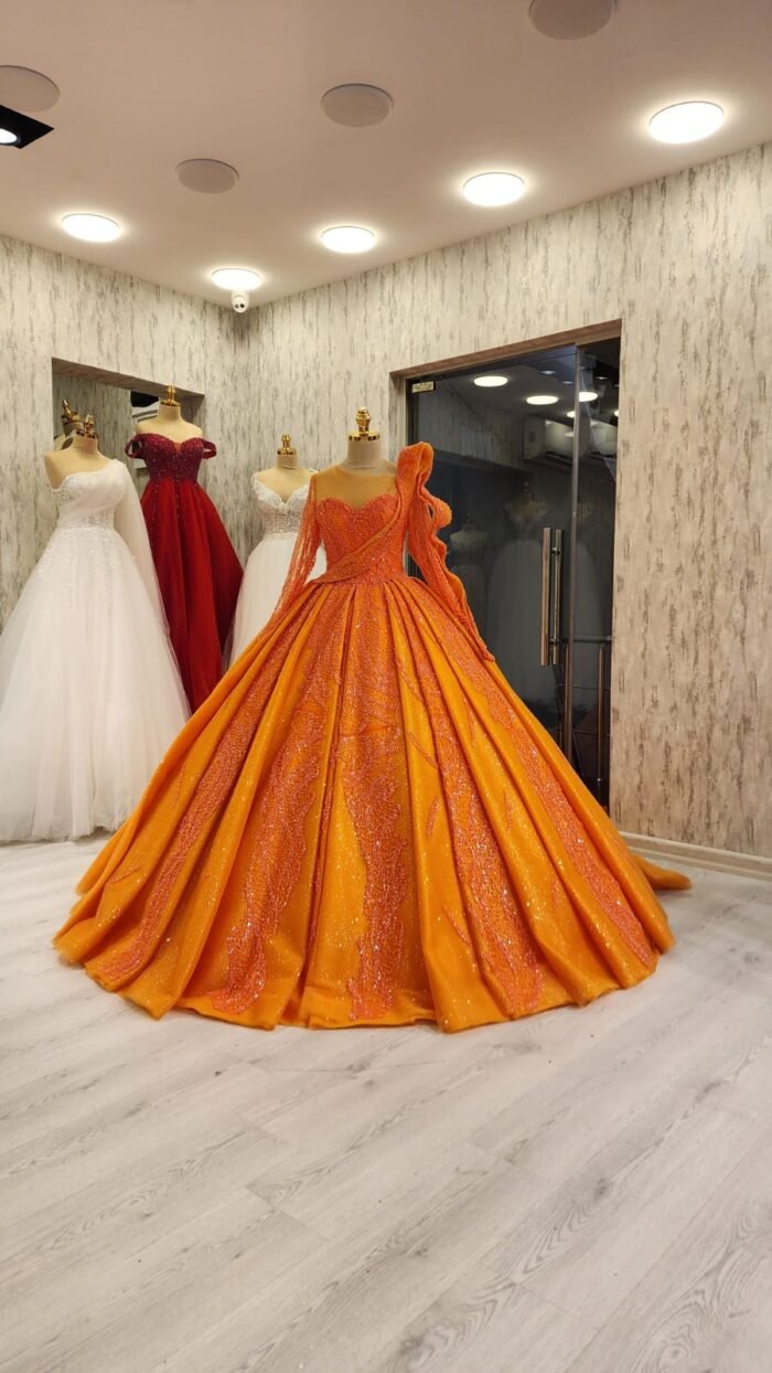 yellow parkly beaded tulle Quinceanera dress047 - Image 2