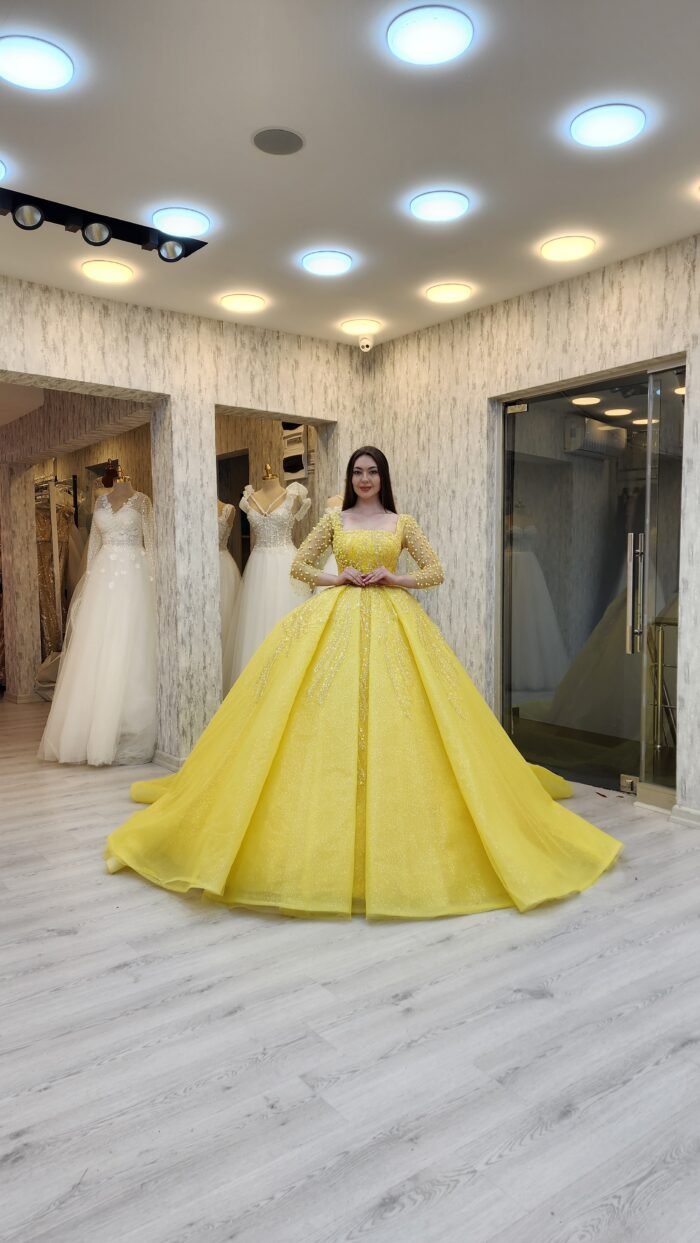 yellow parkly beaded tulle Quinceanera dress031 - Image 2