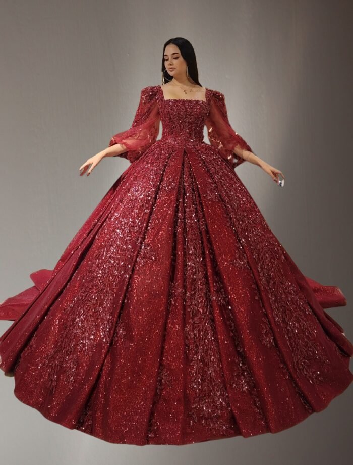 puff sleeves Embroidered ball gown dark red - Image 2