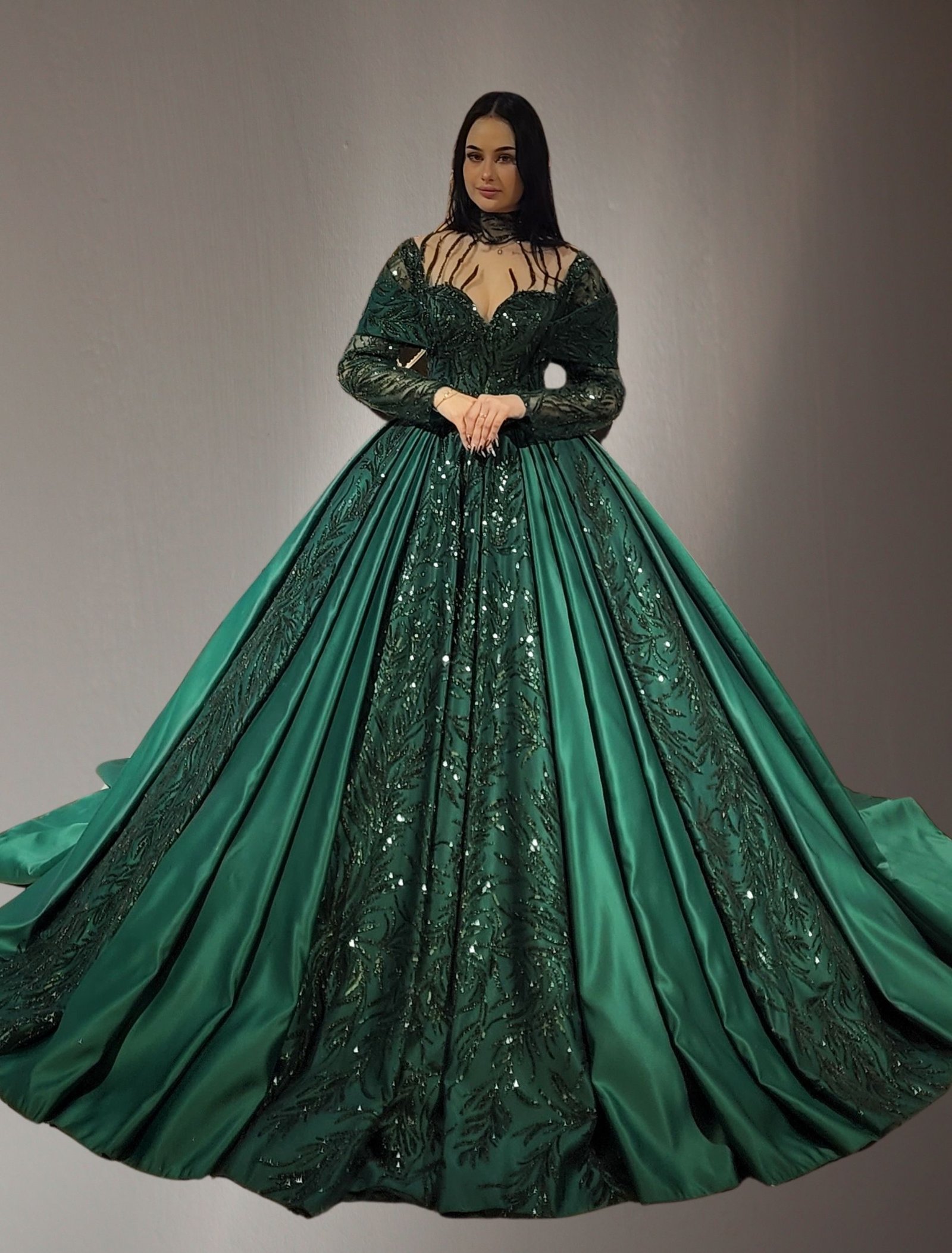 long sleeve embroidered lace ball gown dark green - Image 2