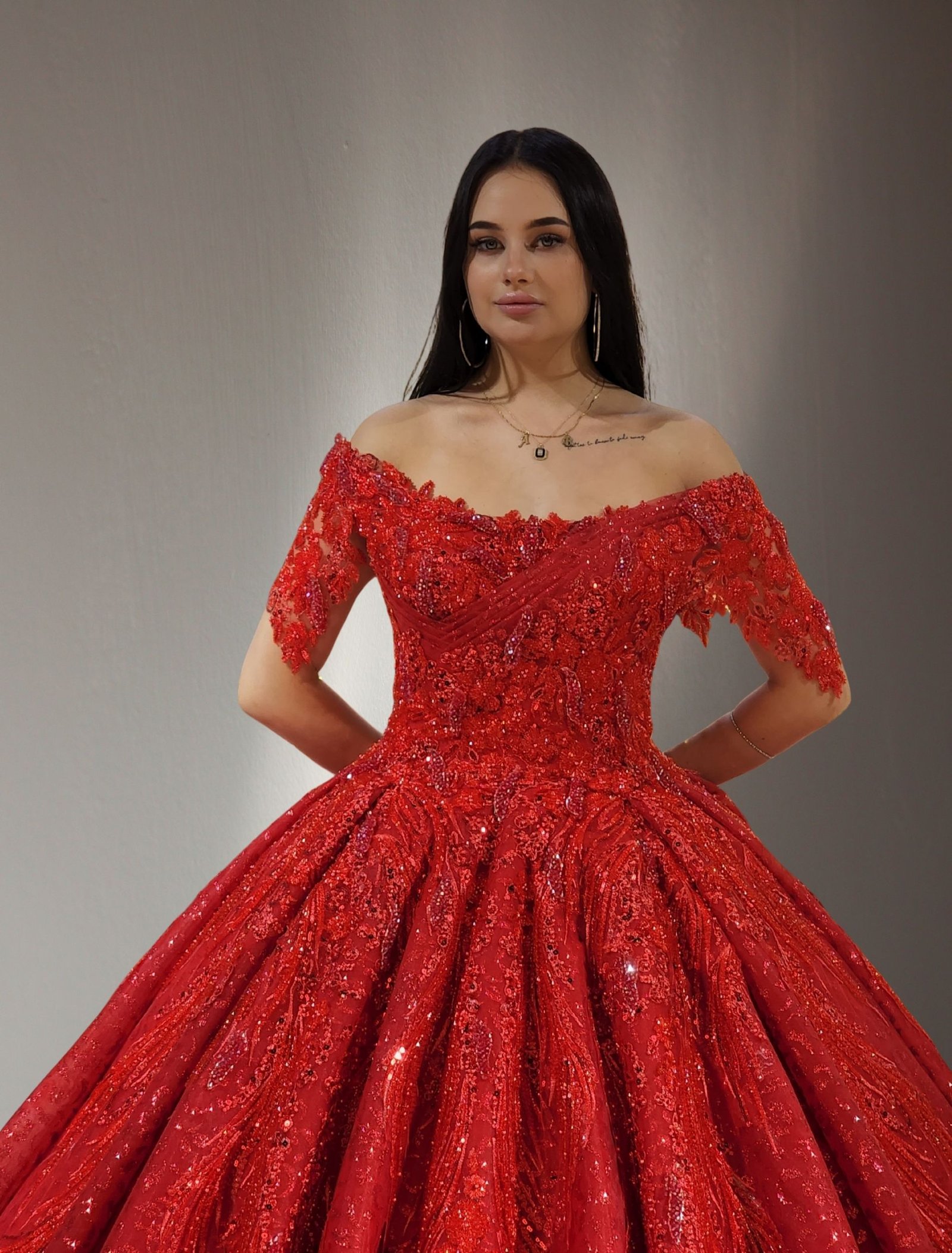 short sleeves beaded lace ball gown dress  red