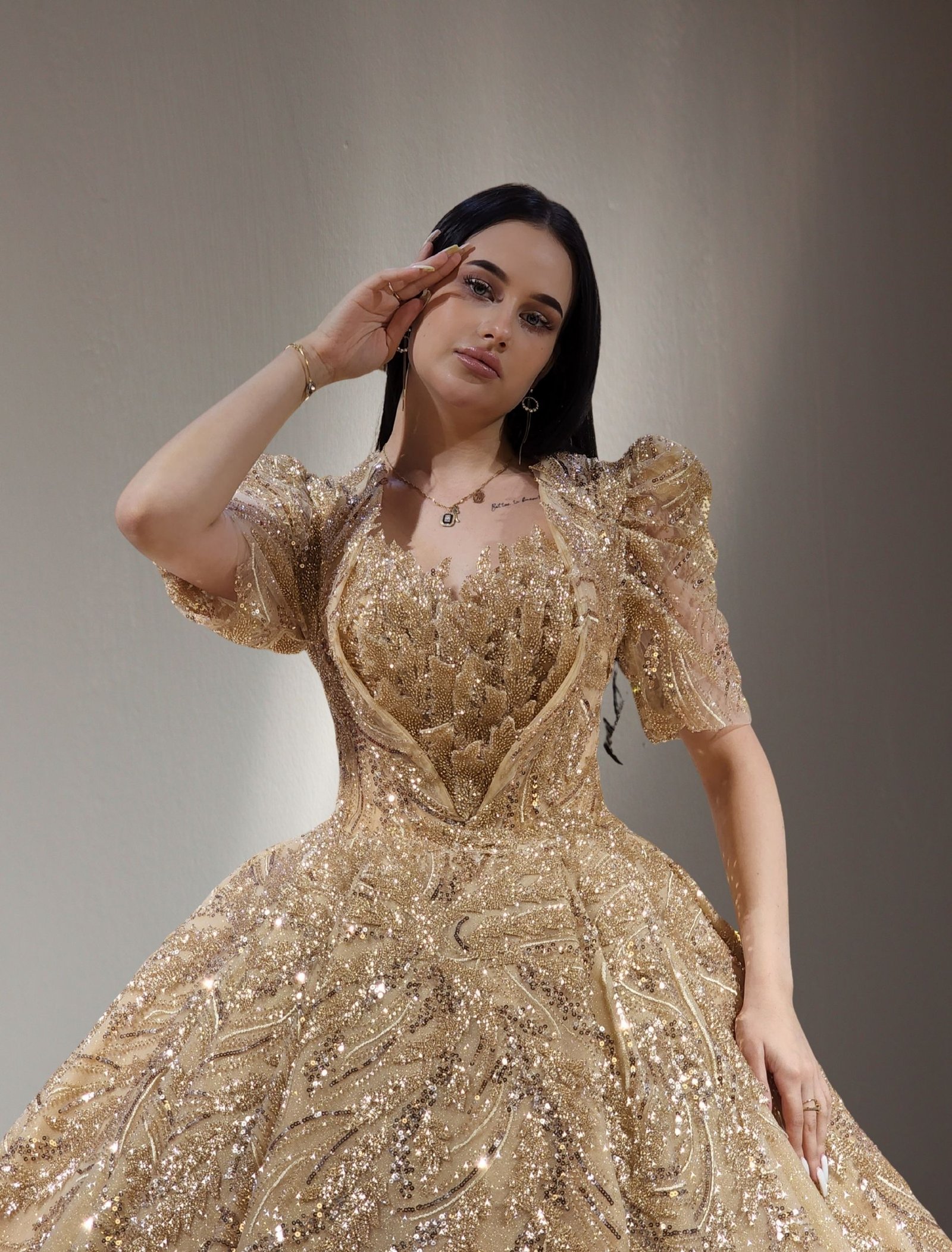 short sleeves beaded lace ball gown dress gold