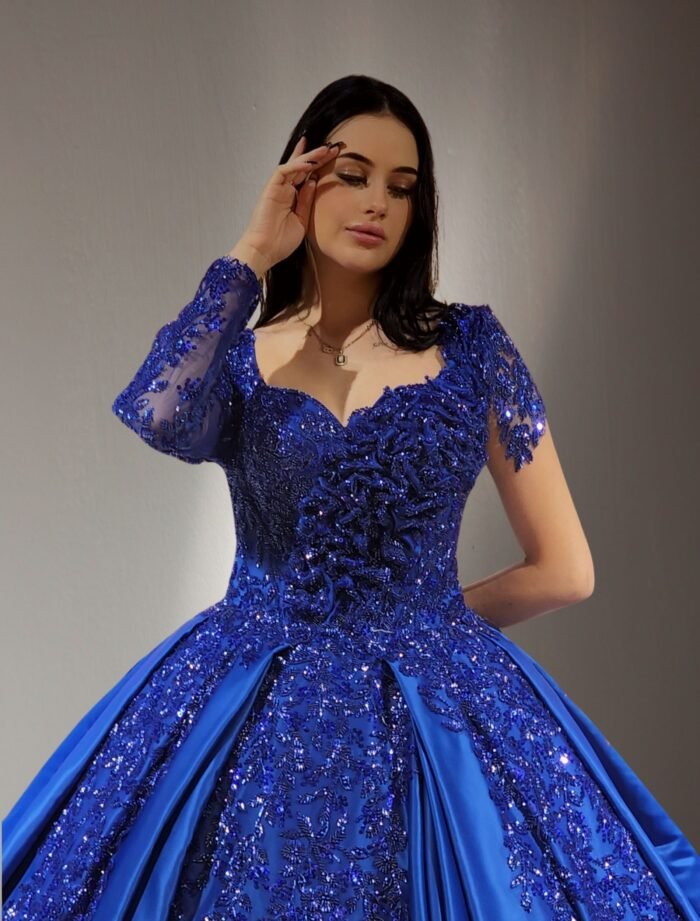 one shoulder embroidered lace ball gown blue