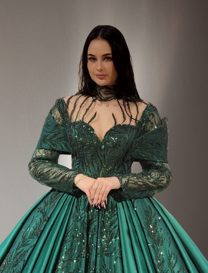long sleeve embroidered lace ball gown dark green