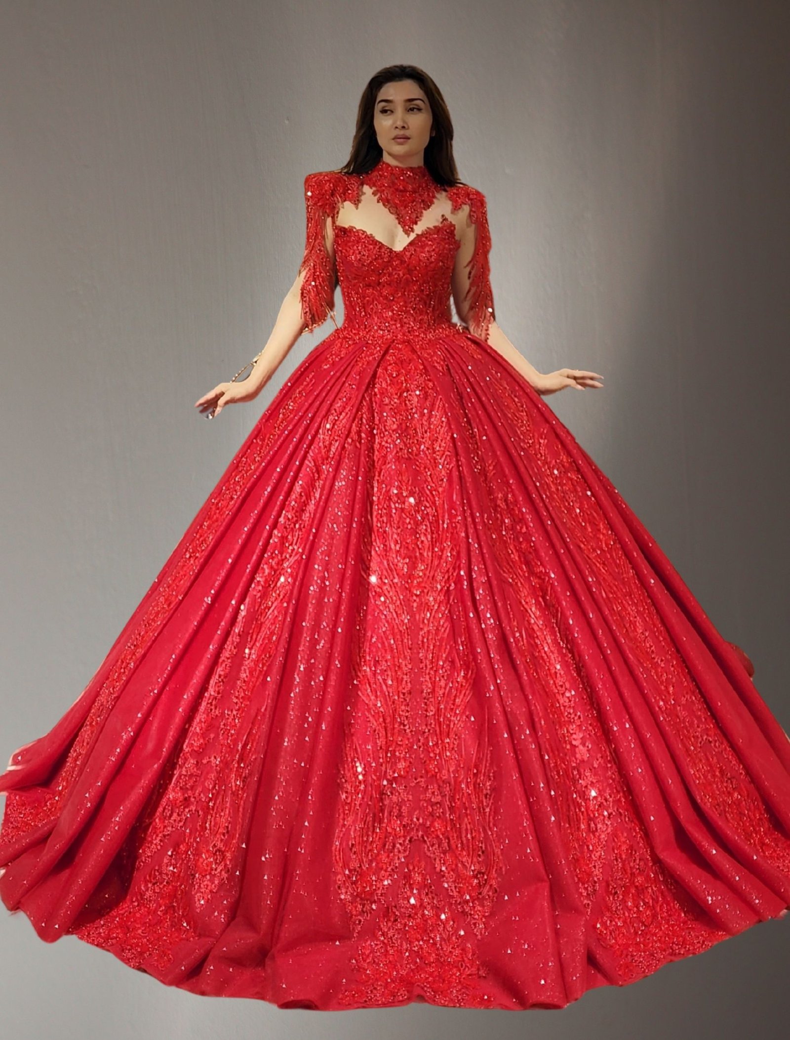 off shoulders embroidered pearls lace ball gown red - Image 2