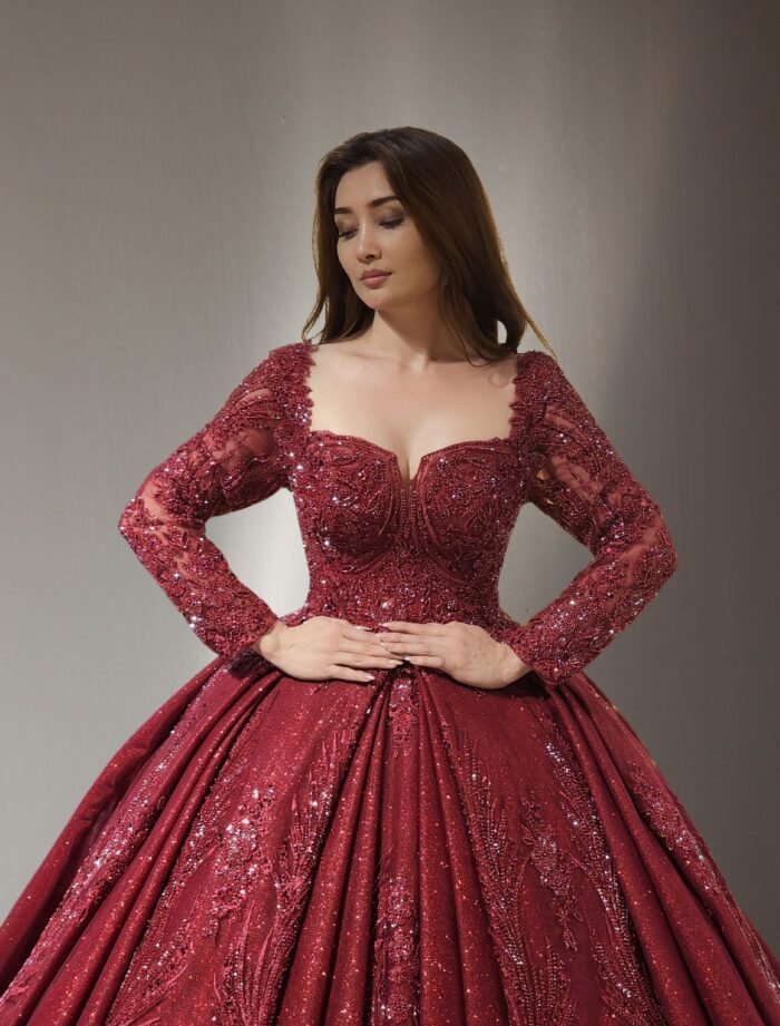wine long sleeve parkly beaded tulle Quinceanera dress051