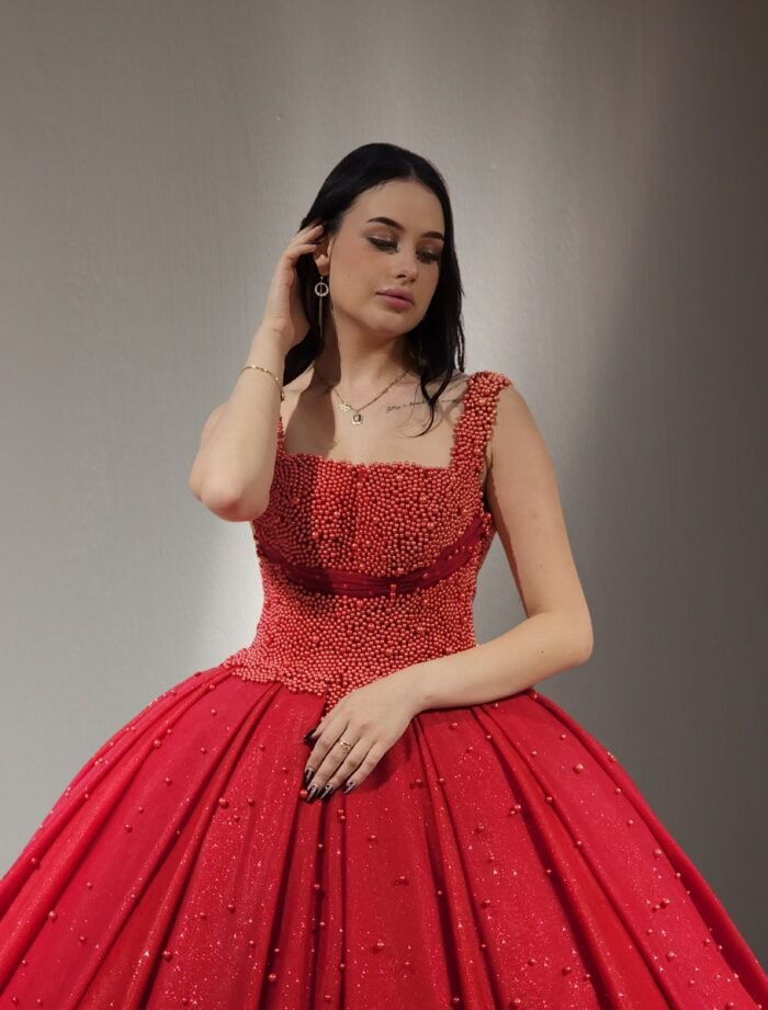 off shoulders embroidered pearls lace ball gown red