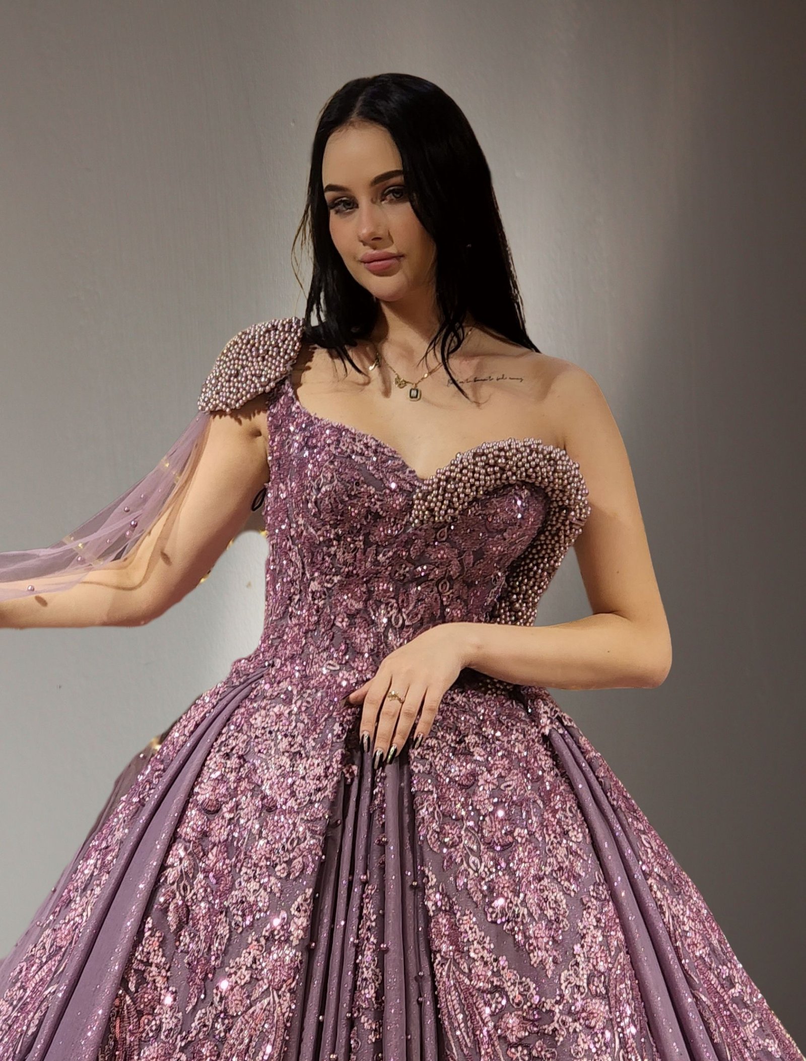 one shoulder Embroidered princess ball gown lilac