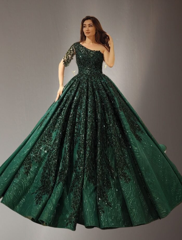 one-shoulder embroidered lace ball gown dark green - Image 2