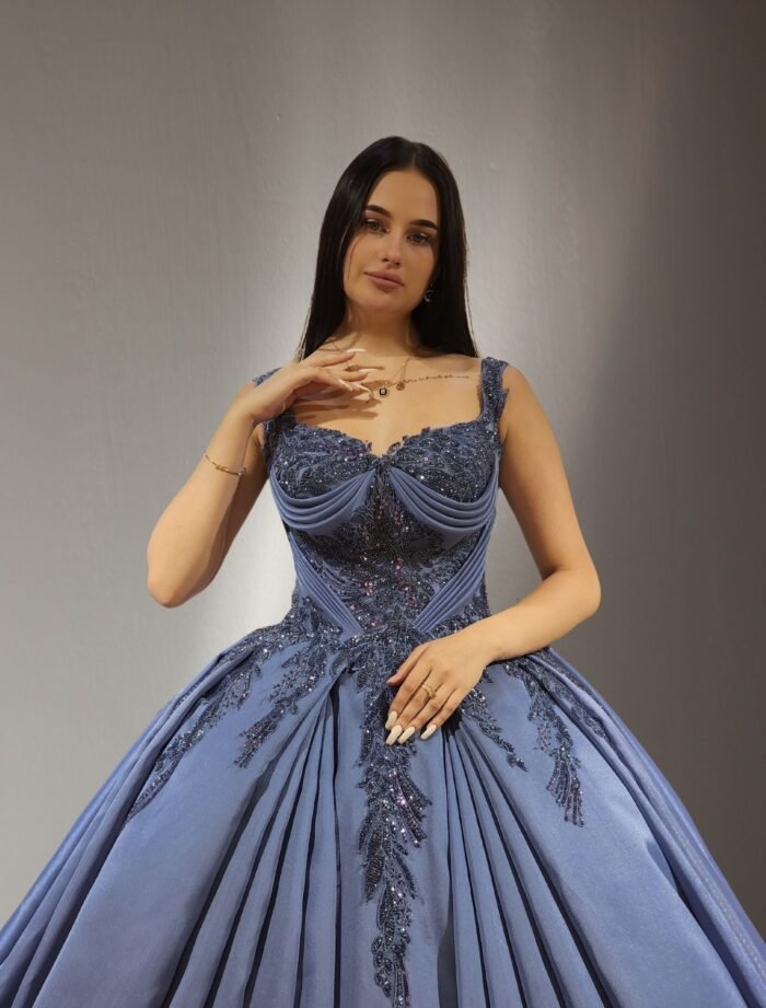 off shoulder embroidered lace ball gown blue