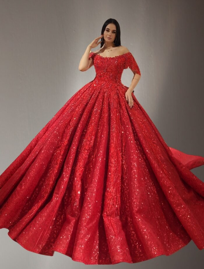 short sleeves beaded lace ball gown dress  red - Image 2