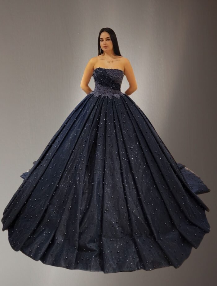 off shoulders embroidered pearls lace ball gown navy blue - Image 2