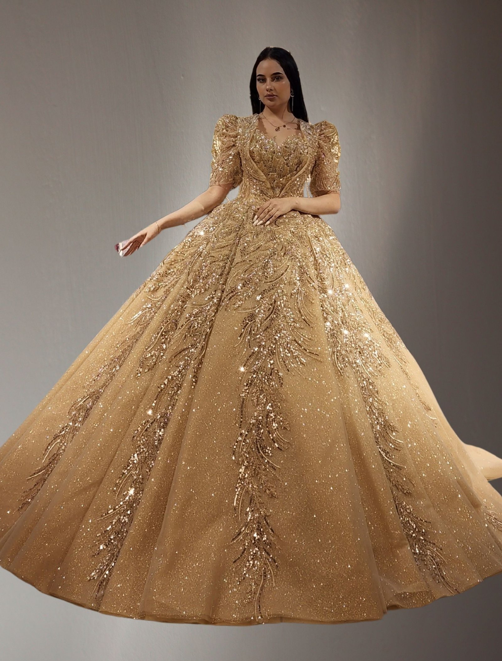 short sleeves beaded lace ball gown dress gold - Image 2