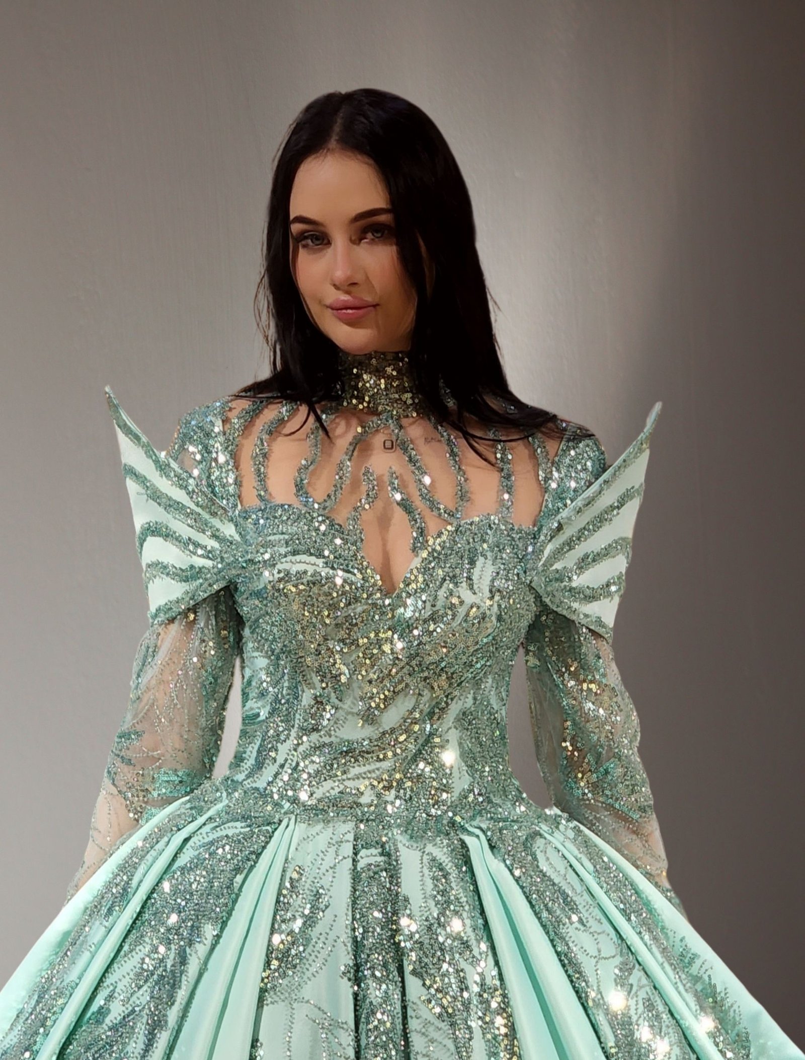 long Sleeves Embroidered satin princess ball gown  mint green