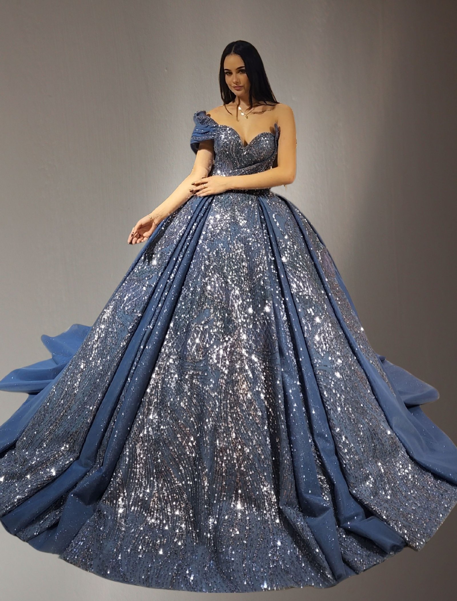 one shoulder embroidered lace ball gown light blue - Image 2
