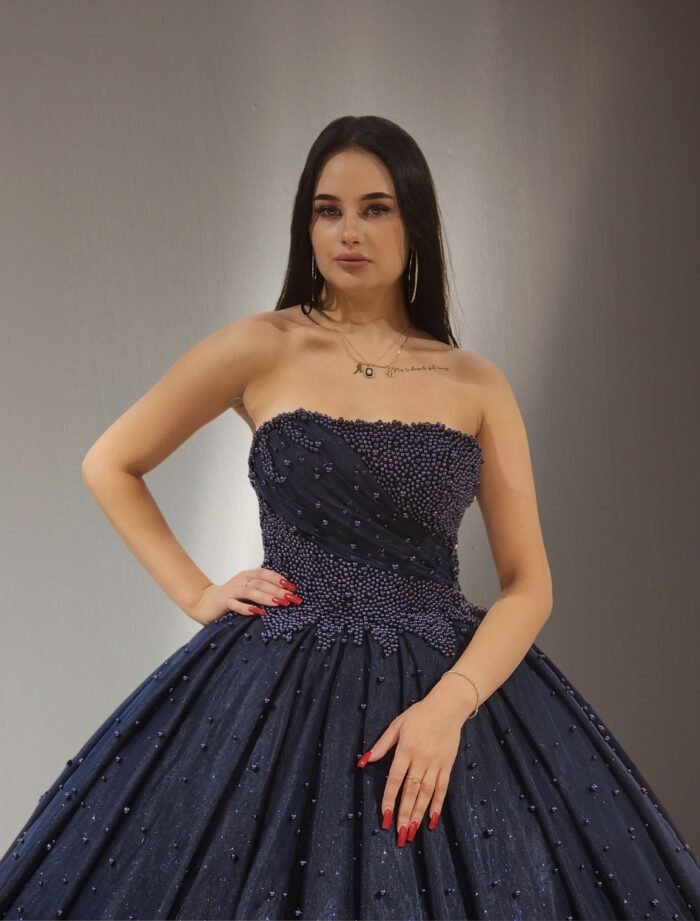off shoulders embroidered pearls lace ball gown navy blue