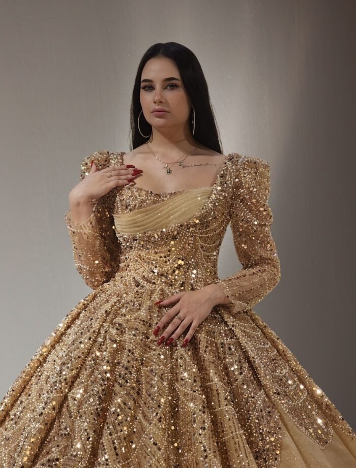 long sleeves beaded lace ball gown dress gold