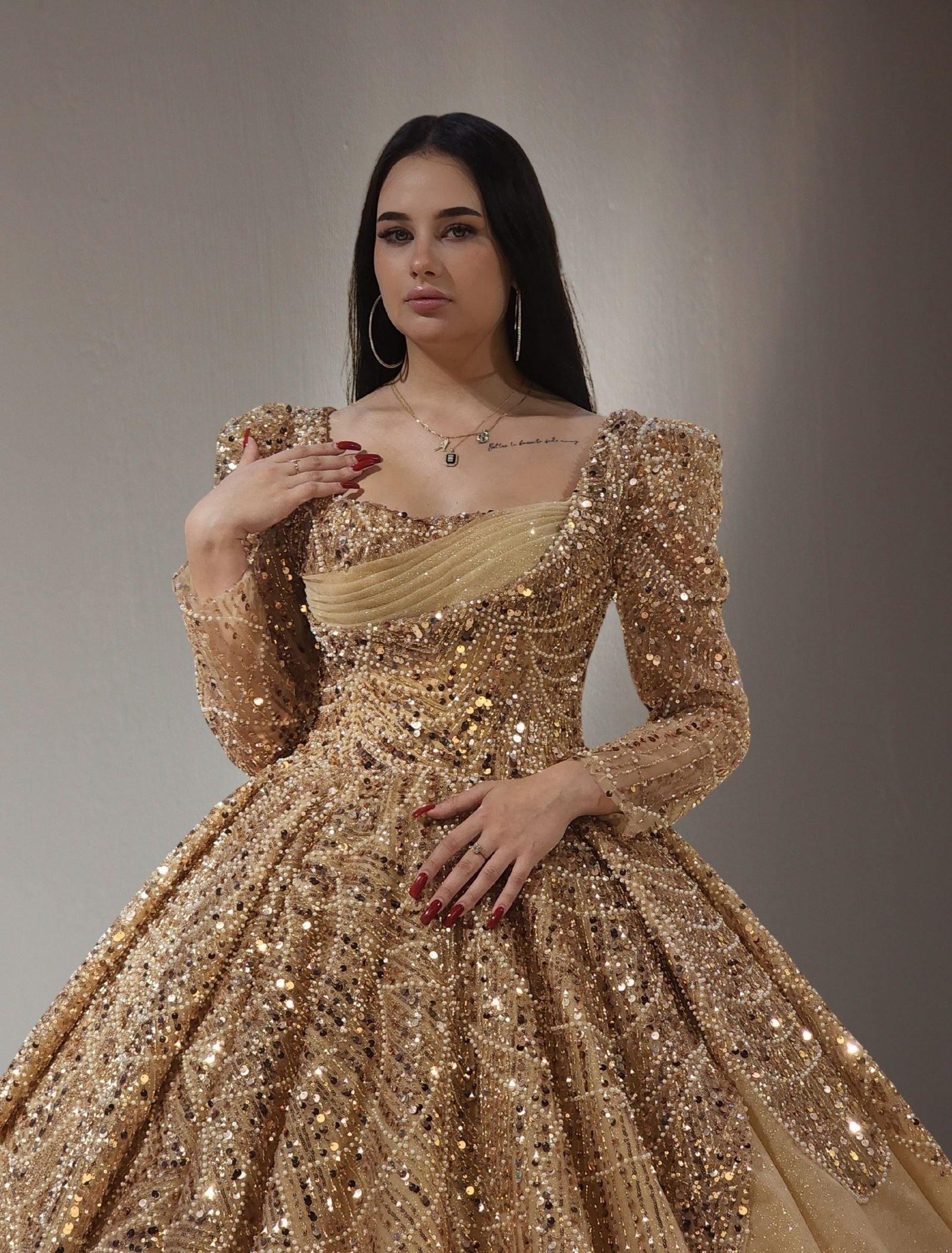 long sleeves beaded lace ball gown dress gold