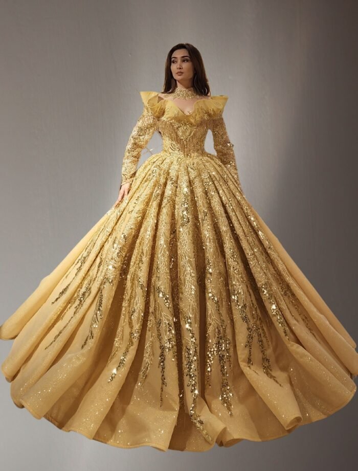 long sleeves beaded lace ball gown dress gold - Image 2