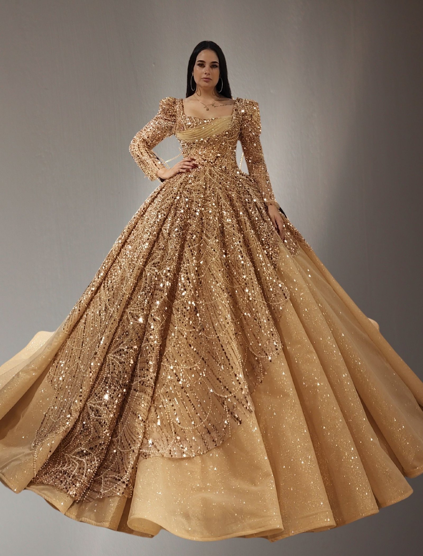 long sleeves beaded lace ball gown dress gold - Image 2
