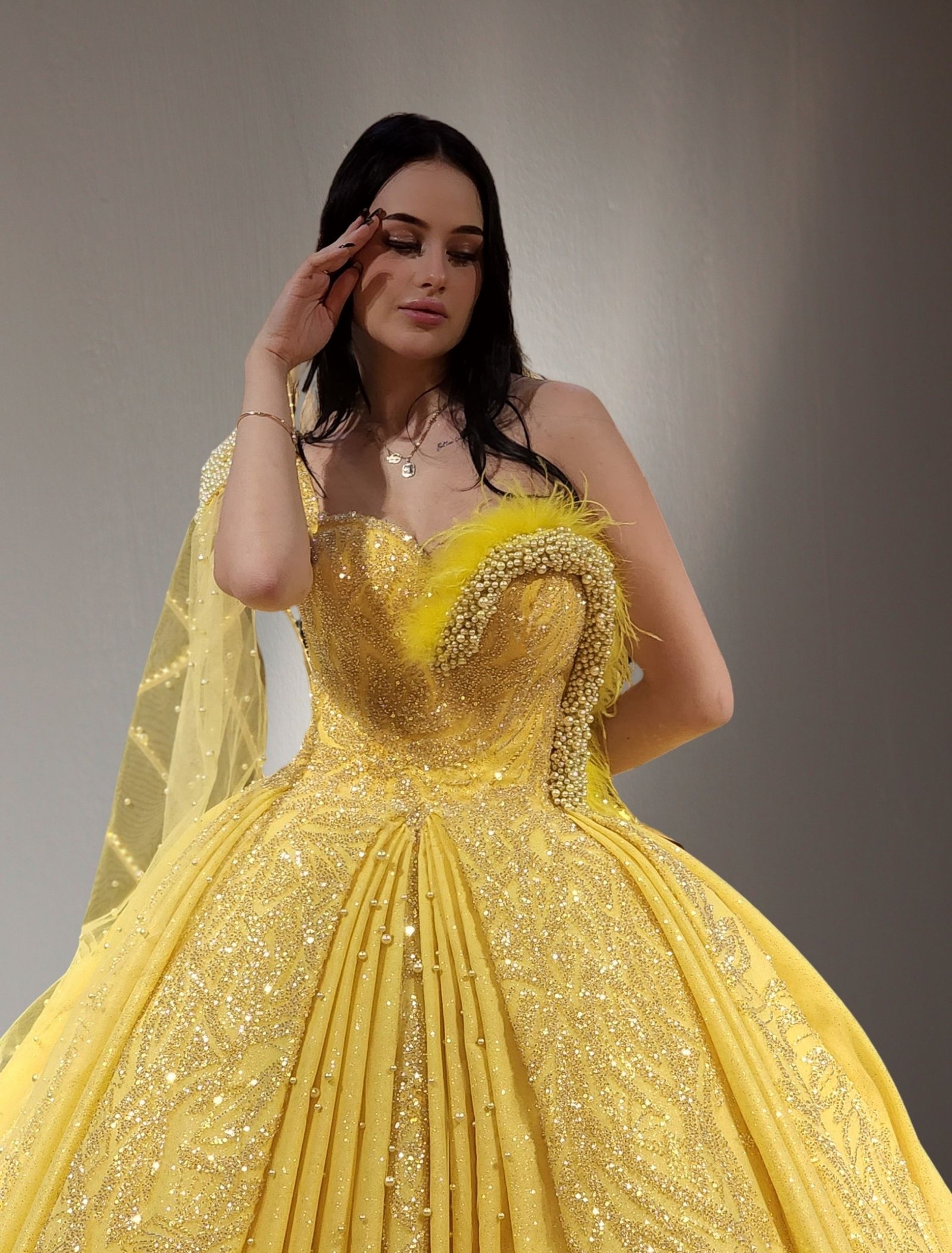 one shoulder embroidered pearls lace ball gown yellow