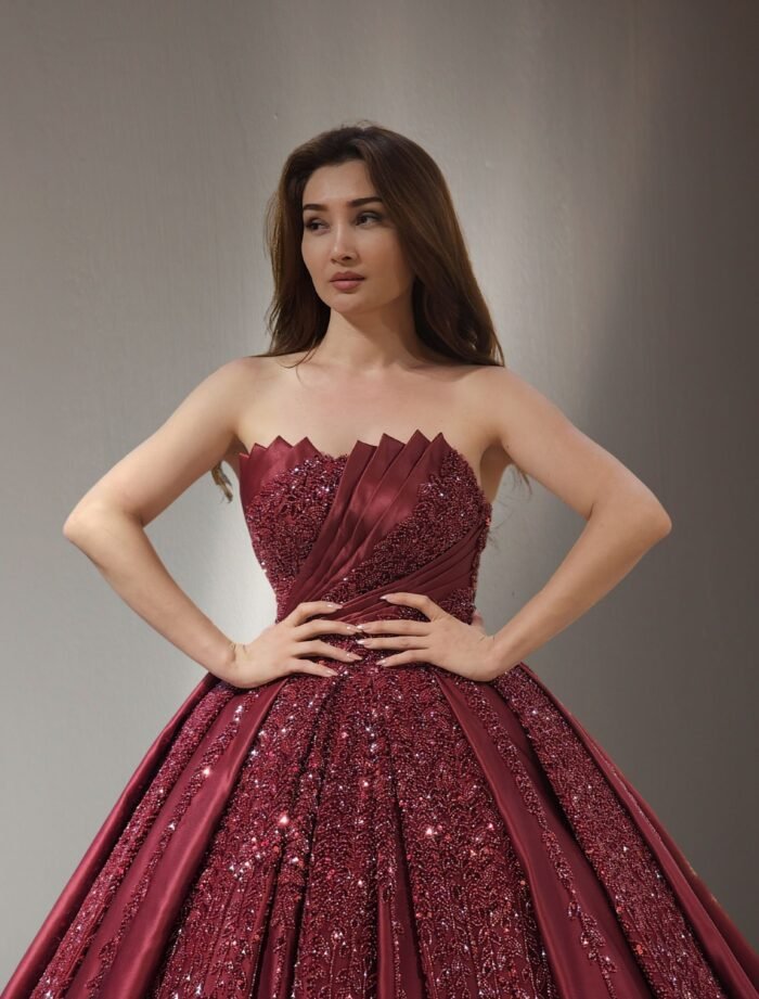 wine off shoulder parkly beaded tulle Quinceanera dress055