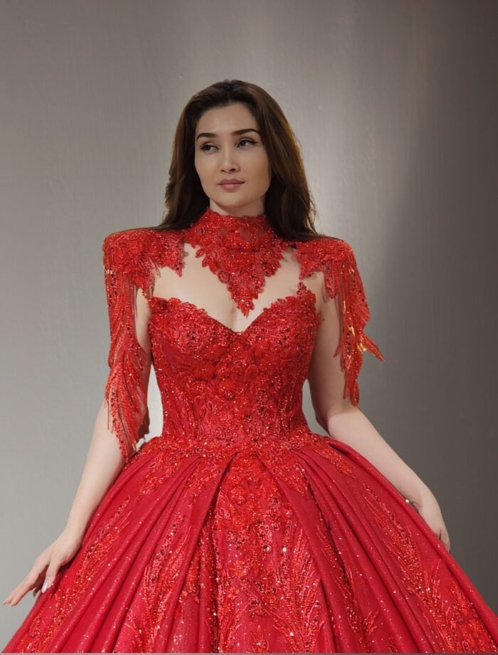off shoulders embroidered pearls lace ball gown red