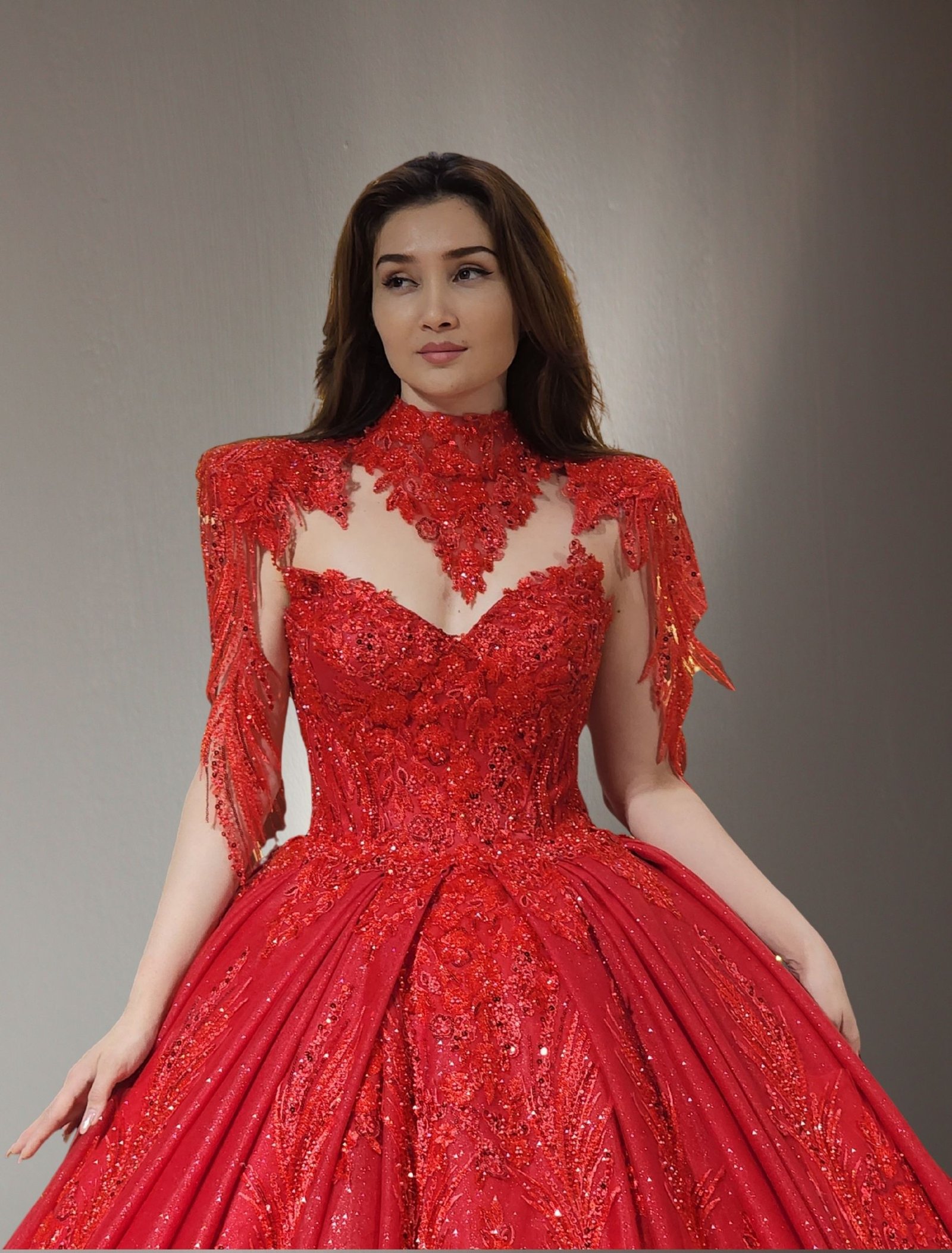 off shoulders embroidered pearls lace ball gown red