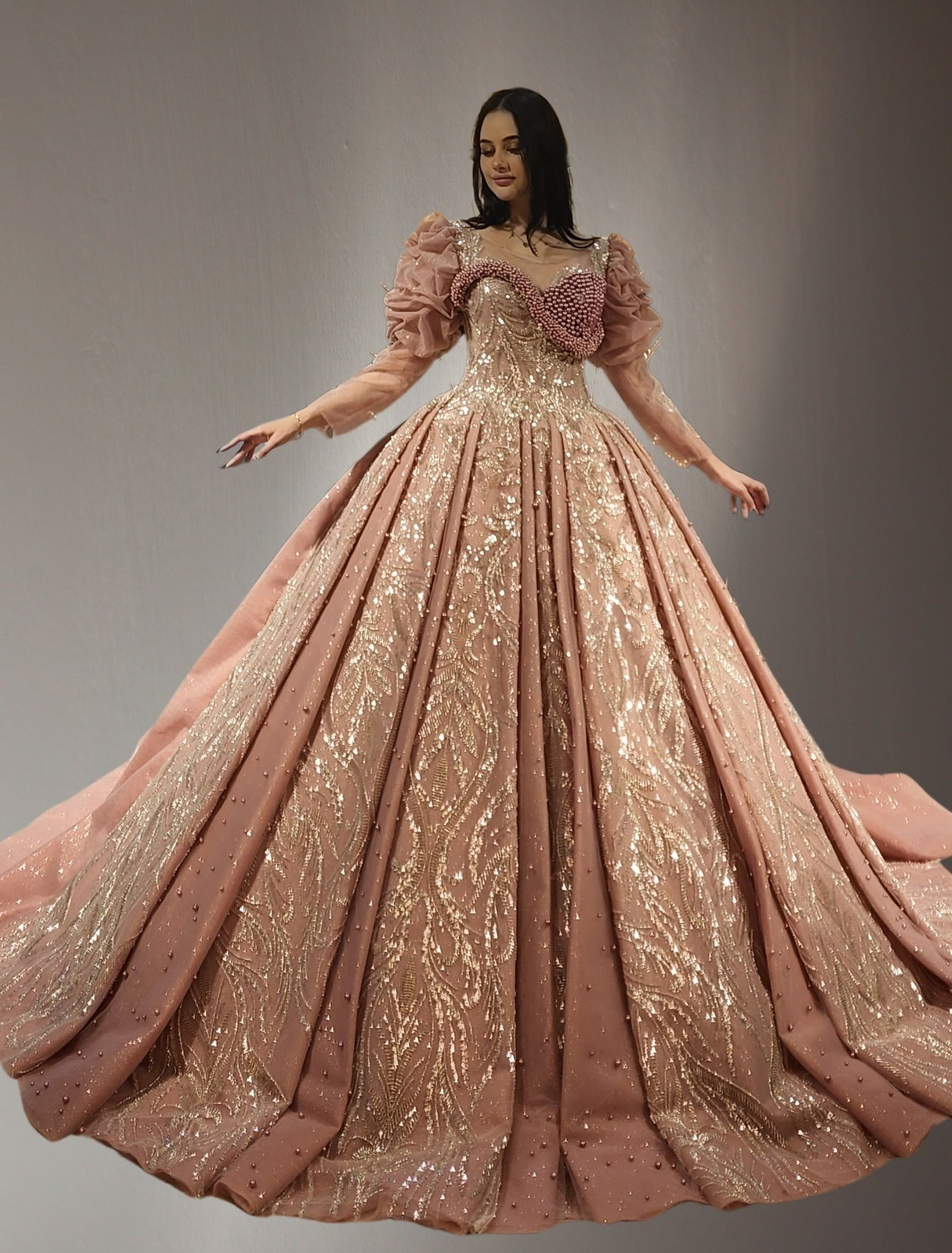 puff long sleeves Embroidered ball gown pink - Image 2