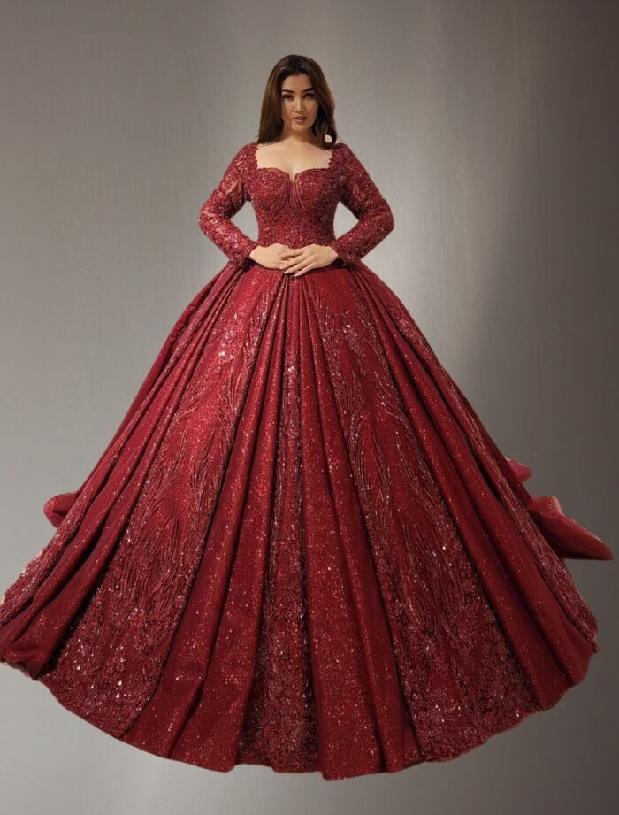 wine long sleeve parkly beaded tulle Quinceanera dress051 - Image 2