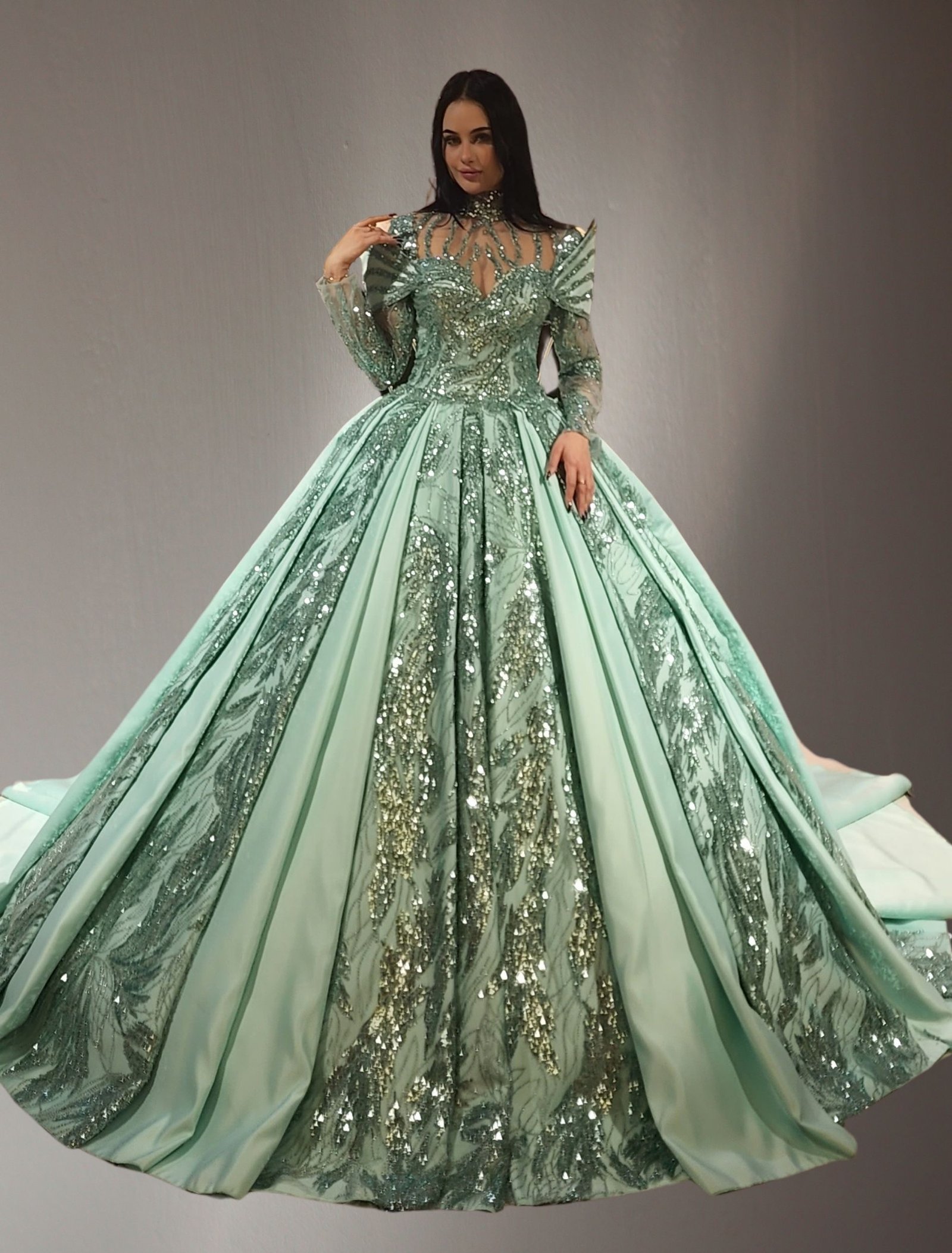 long Sleeves Embroidered satin princess ball gown  mint green - Image 2