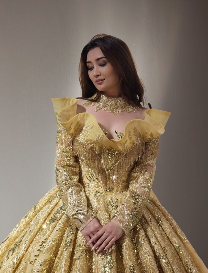 long sleeves beaded lace ball gown dress gold