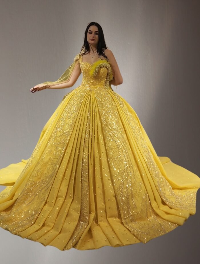 one shoulder embroidered pearls lace ball gown yellow - Image 2