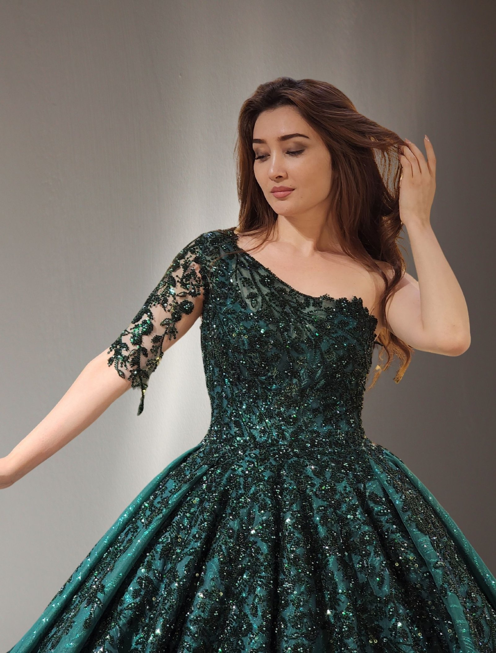one-shoulder embroidered lace ball gown dark green